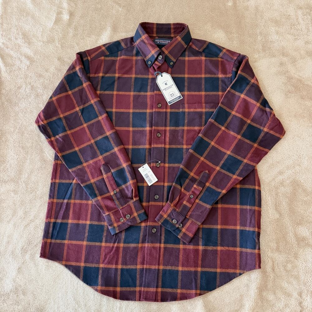 Roundtree & Yorke Men M Plaid Portuguese Flannel Shirt Burgundy Cabincore Fall